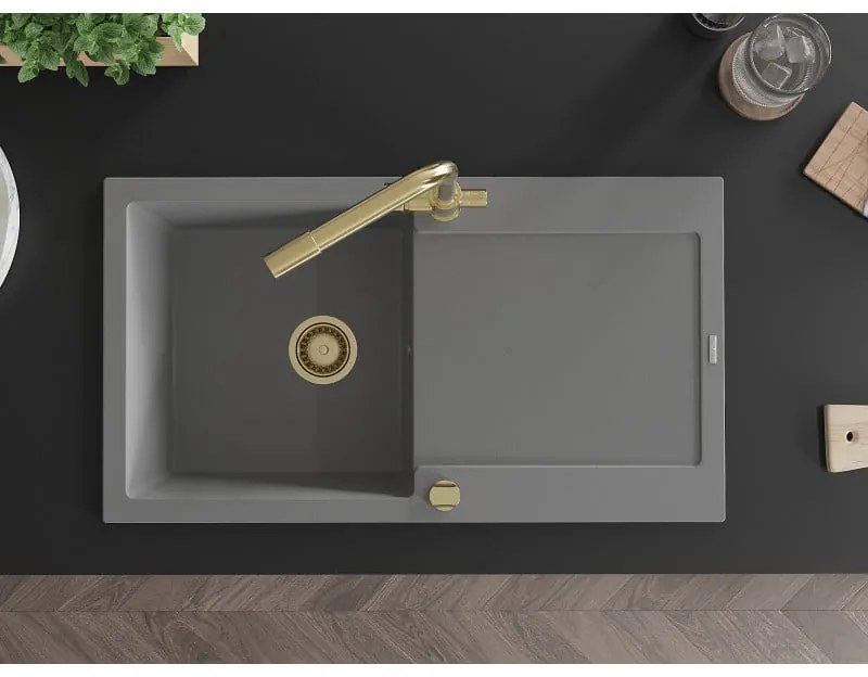Mexen Leo, drez granitový 900x500x190 mm, 1-komorový a zlatá batéria Duero, šedá, 6501-71-671600-50