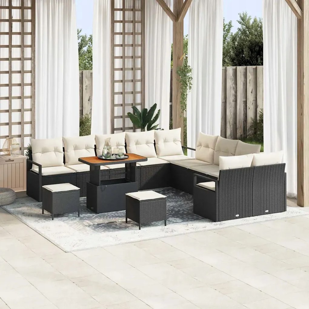 vidaXL 13-dielna súprava záhradného gauča s vankúšmi čierny poly ratan akác