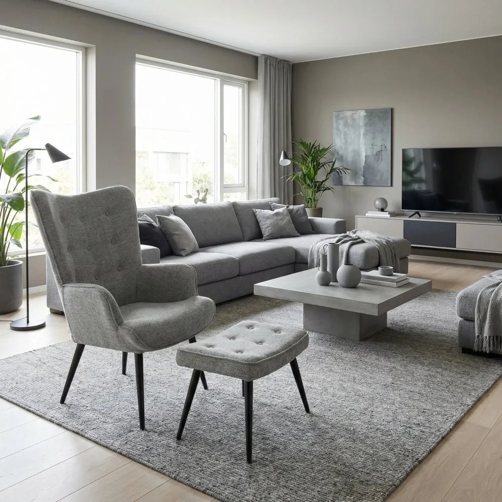 Relaxačné kreslo ušiak s taburetom ROYAL II — kov, látka, sivá