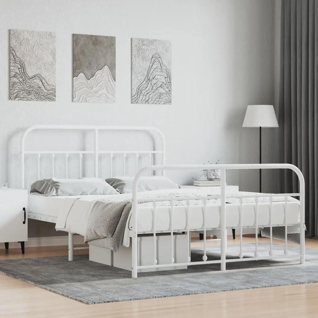 Kovový rám postele s čelom a podnožkou biely 135x190 cm 352644