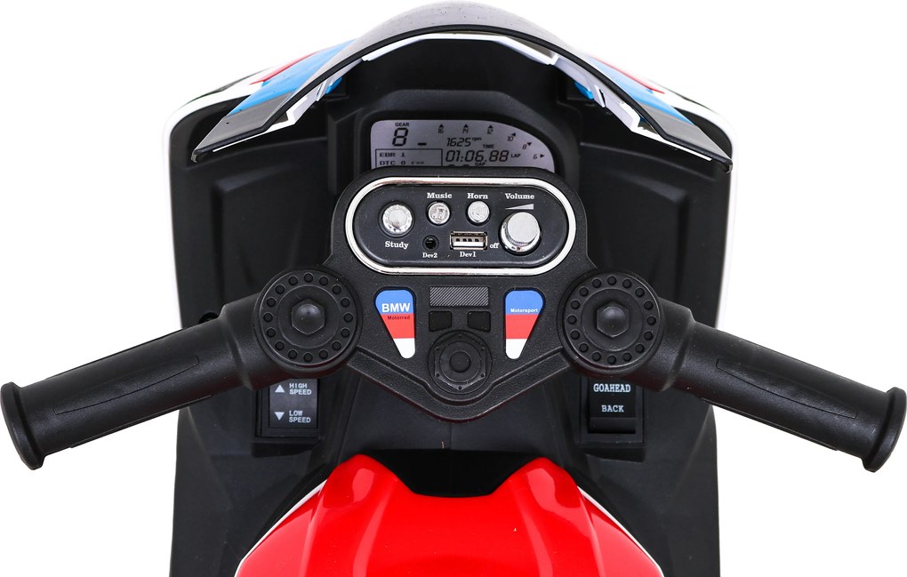 Ramiz BMW HP4 Detský motocykel na batérie Červená + 3 kolieska + LED + MP3 USB + Eco koža