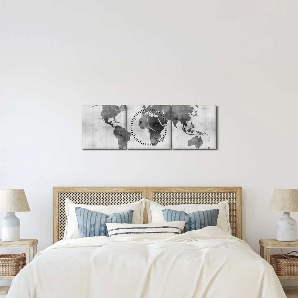 Obraz - Mapa sveta 2 (s hodinami) (90x30 cm)