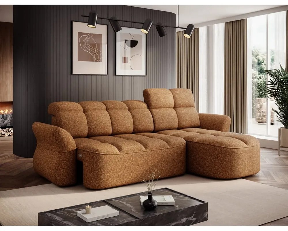 Žltá/hnedá zamatová rozkladacia/s úložným priestorom rohová pohovka (pravý roh/s leňoškou) Beneth – ELTAP