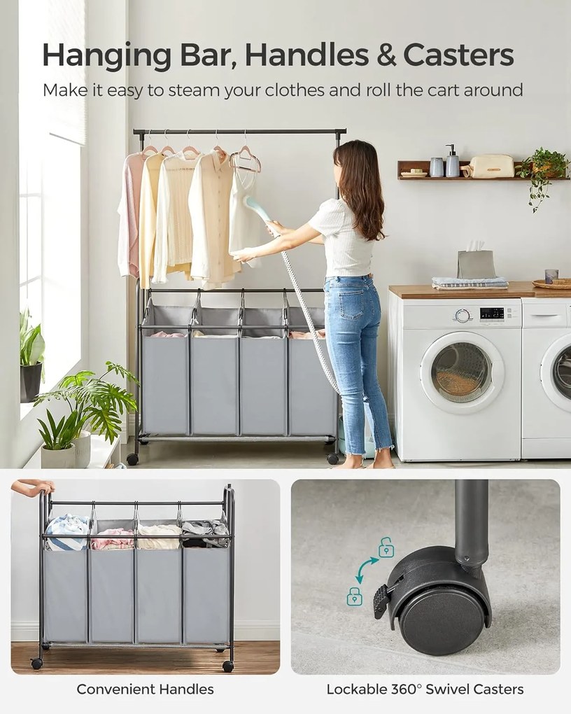 Kôš na bielizeň, 4 priehradky, 172x108x44cm, sivý