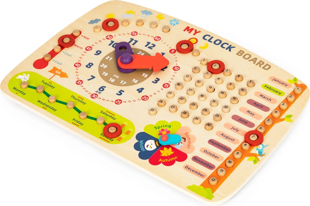 ECOTOYS Drevená edukačná tabuľa – kalendár, hodiny, mesiace a sezóny pre deti 3+ (angličtina)