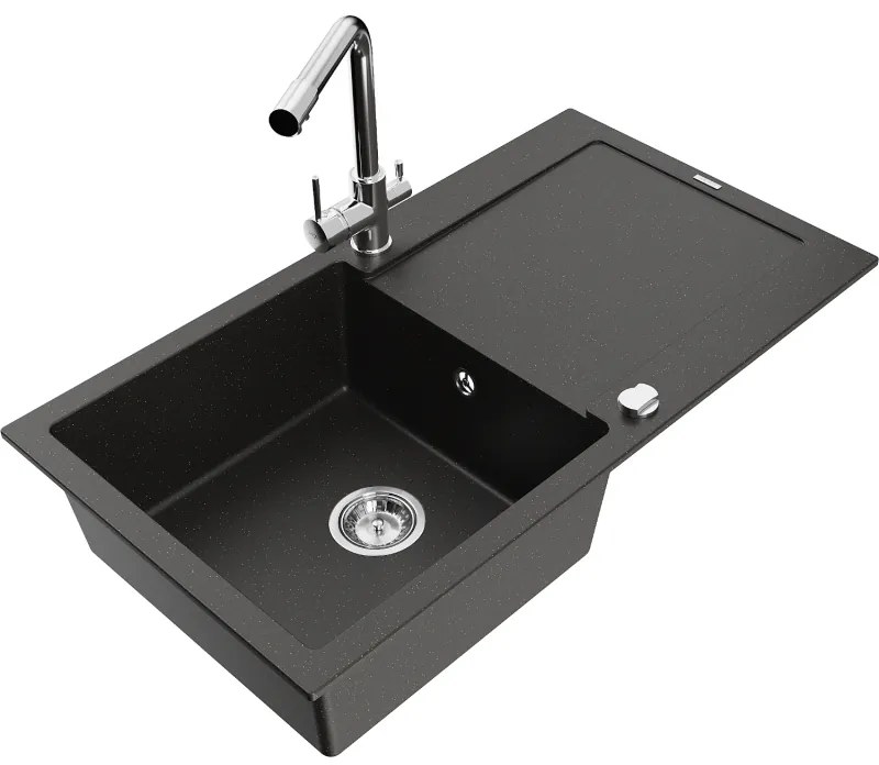 Mexen Leo, drez granitový 900x500x190 mm, 1-komorový a chrómová batéria Duero, čierna-zlatá metalíza, 6501-75-671600-00