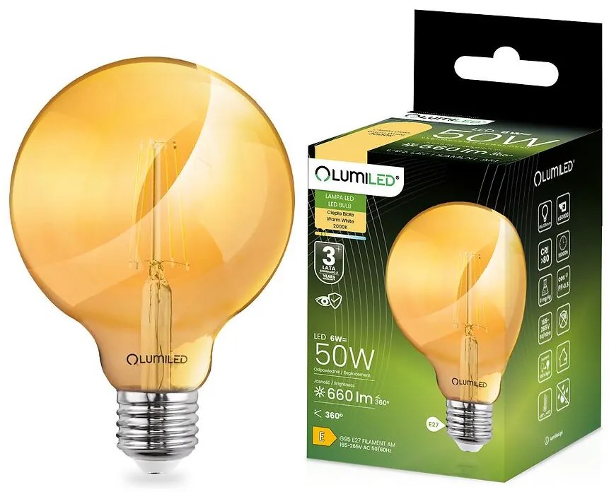 Žiarovka LED G95 filament 6W E27 660LM 2000K A