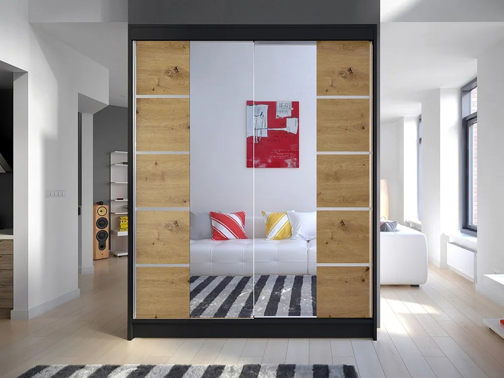 Šatníková skriňa Chantal 5 (čierna + artisan). Akcia -21%. Vlastná spoľahlivá doprava až k Vám domov. 1069258