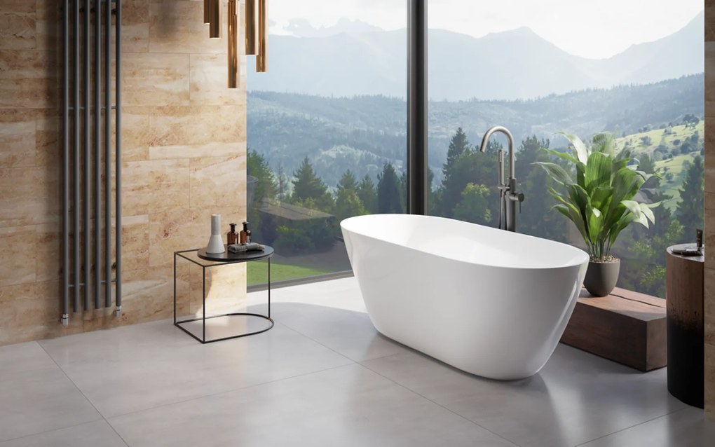 Besco Voľne stojaca vaňa z liateho mramoru Moya 160x70, biela lesk BESCO-Typ výpuste: Alcaplast Click-Clack s vrchným čistením, čierna mat, BESCO-Roz…