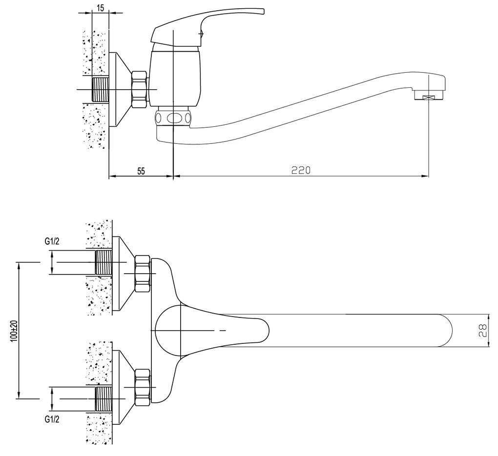 Sapho, AQUALINE 35 Nástenná batéria rozteč 100mm, ploché ramienko zvýšené, 220 mm, chrómová, 52032