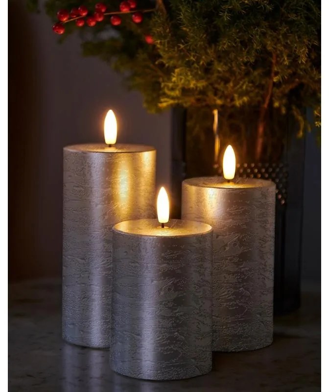 SIRIUS Voskové LED sviečky Sille exclusive, 3ks, strieborné
