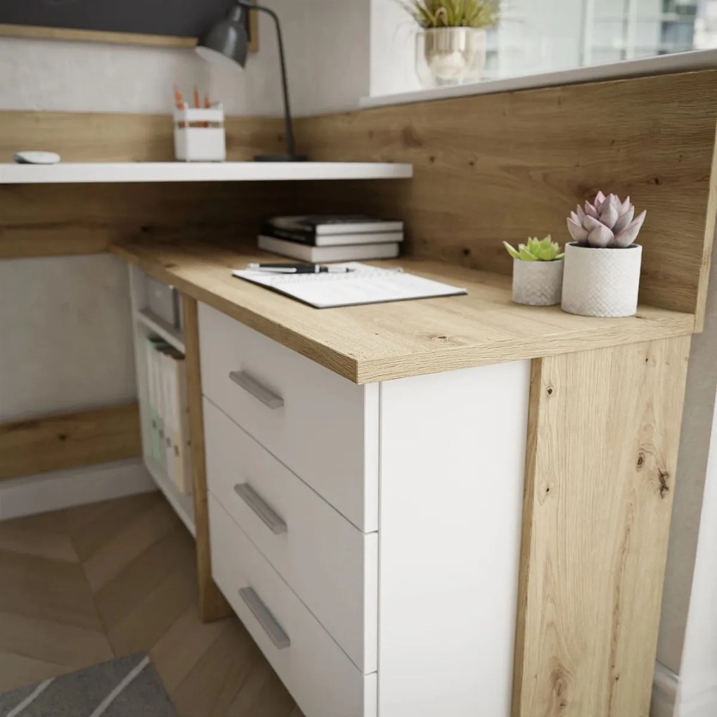 ROHOVÝ PISACÍ STÔL EMANUEL DUB ARTISAN + BIELA