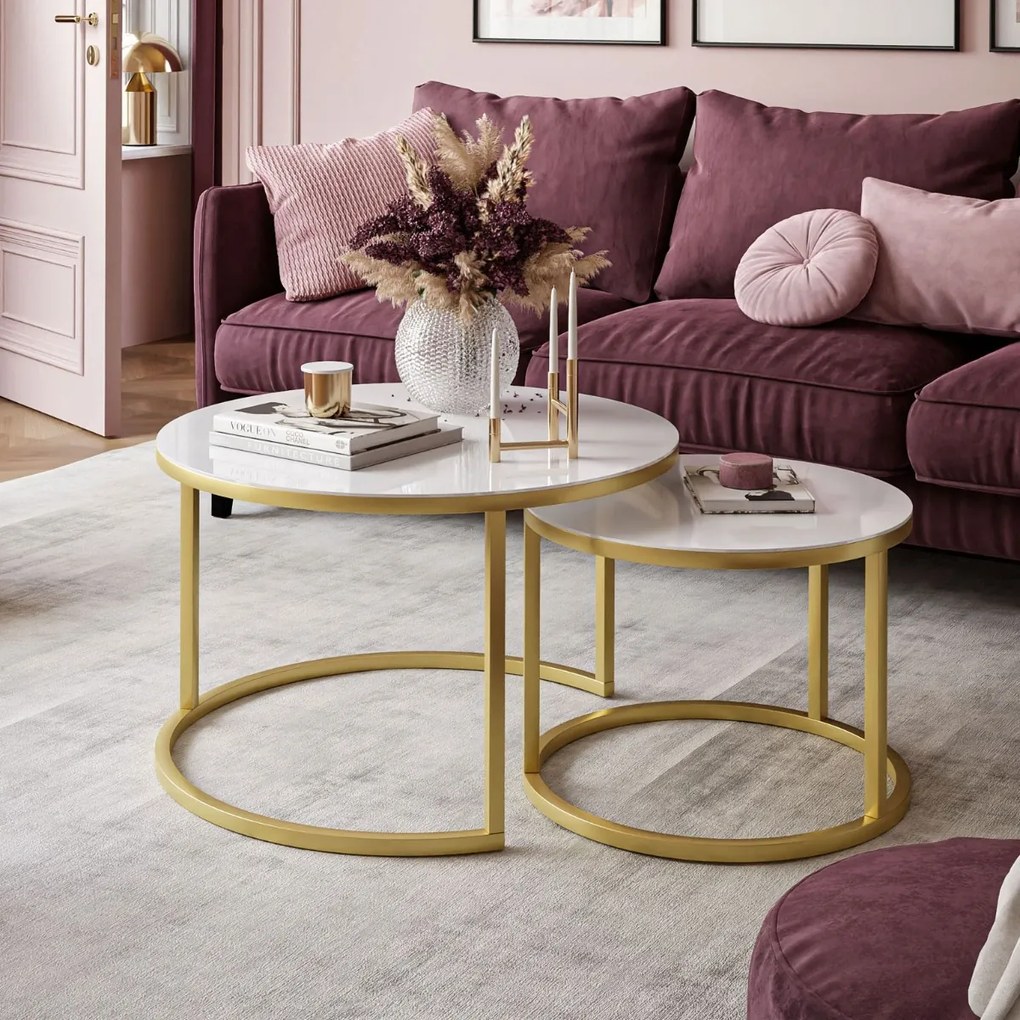 OKRÚHLY KONFERENČNÝ STOLÍK LEONARDO 2 v 1 BIELE SKLO + ZLATÝ PODSTAVEC