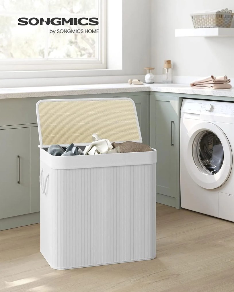 SongmicsHome Bambusový kôš na bielizeň GITA, 150 l, biela