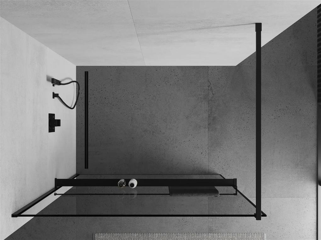 Mexen Kioto+, sprchová zástena s poličkou a držiakom na uteráky 100 x 200 cm, 8mm sklo číre sklo vzor čierny rám, čierny profil, 800-100-121-70-70