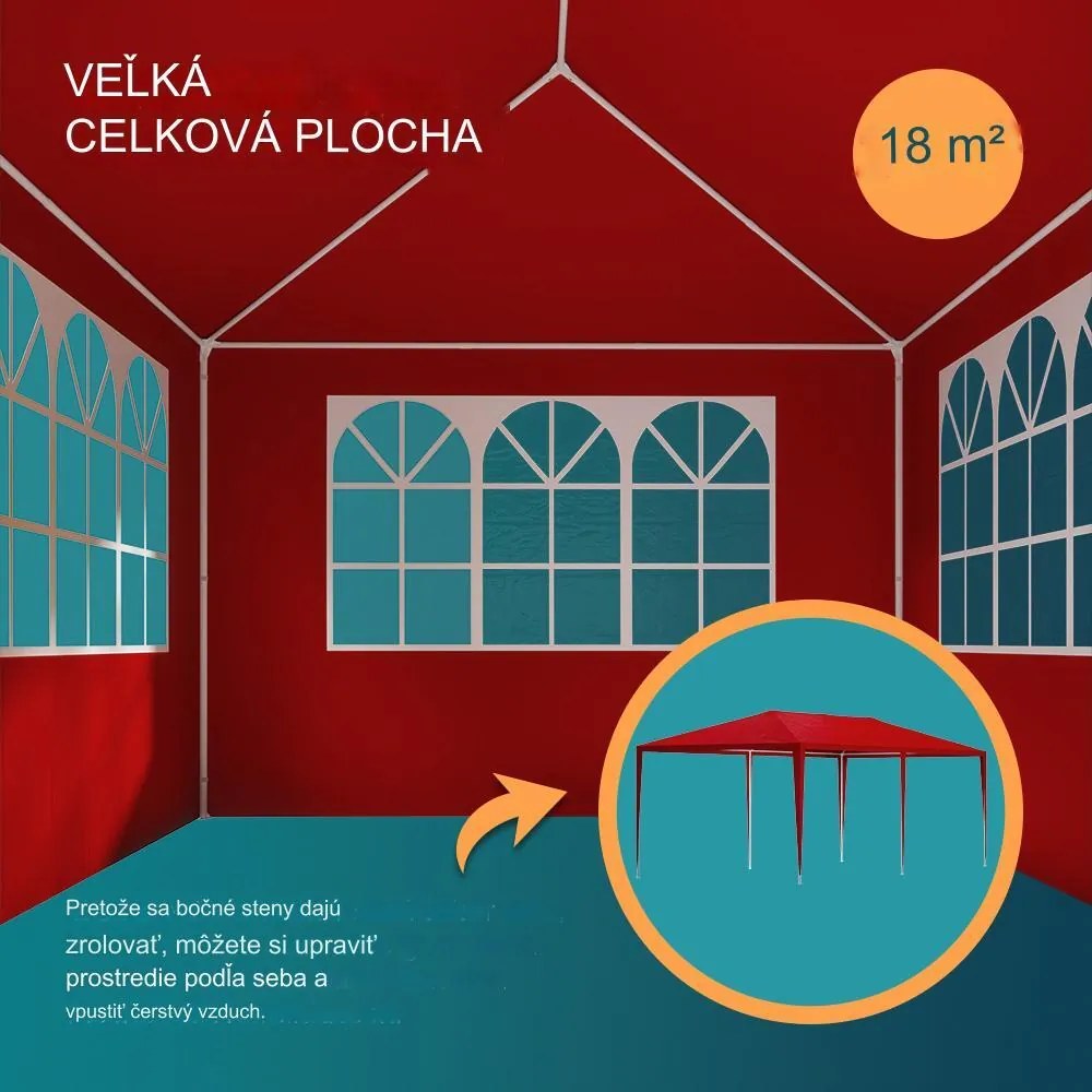 InternetovaZahrada Párty stan Rimini 3x6 m - bočné steny + oblúkové okná - červená