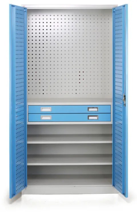 Dielenská zásuvková skriňa na náradie, 2 police, 2 zásuvky, perforovaná, 920 x 500 x 1850 mm