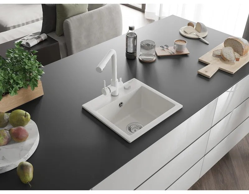 Mexen Milo, granitový drez 435x410x171 mm, 1-komorový a biela batéria Duero, biela, 6505-20-671600-20