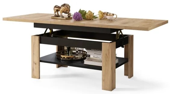Rozkladací konferenčný/jedálenský stôl so zdvíhacou doskou ROY dub craft/čierna