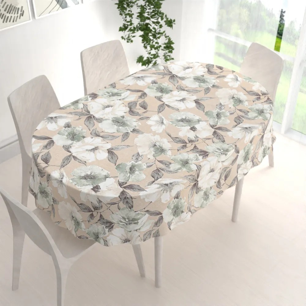 Biante Dekoračný oválny obrus Porto PRT-012 Zeleno-biele kvety na béžovom 130x180 cm