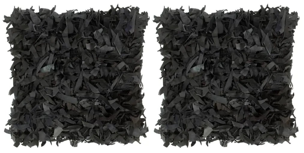 vidaXL Vankúše so strapcami 2 ks čierne 45x45 cm koža a bavlna