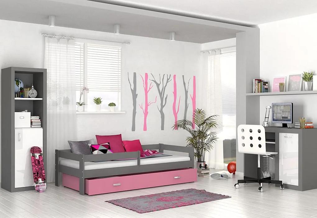 Detská posteľ HUGO s farebnou zásuvkou+matrac, 180x80, sivá/ružová