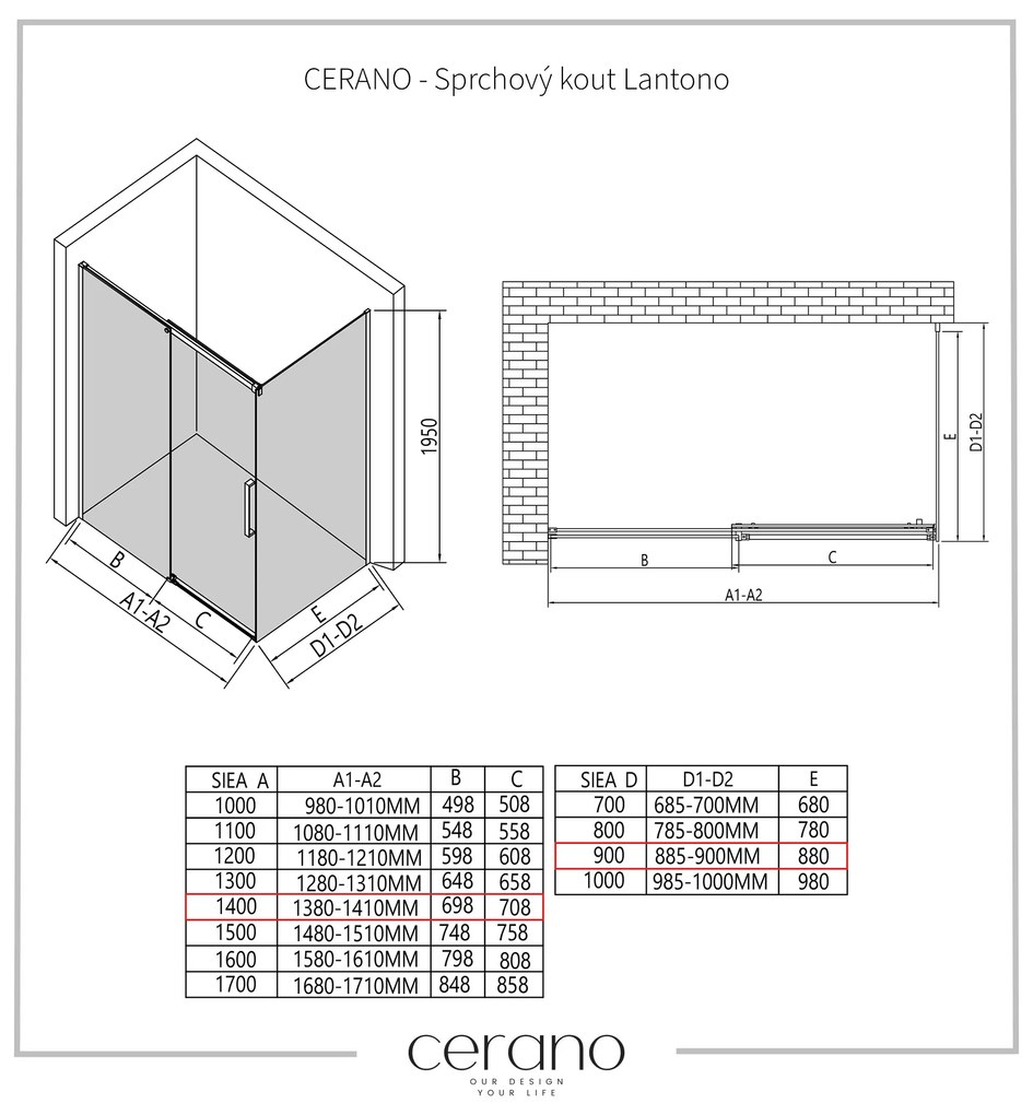 Cerano Lantono, sprchovací kút s posuvnými dverami 140(dvere) x 90(stena) x 195 cm, 8mm číre sklo, čierny profil, CER-CER-433178
