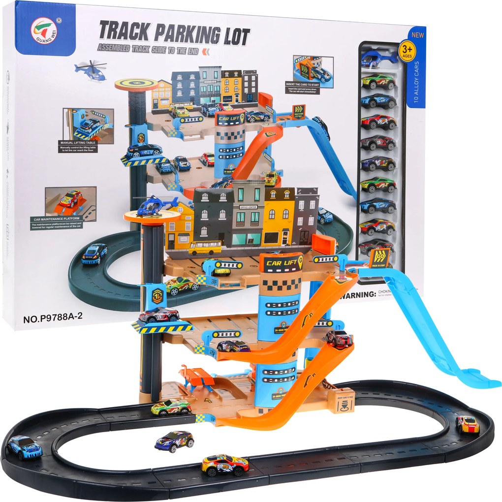 Ramiz 4-poschodové parkovisko s výťahom pre deti 3+ Autá vrtuľník + šmykľavka