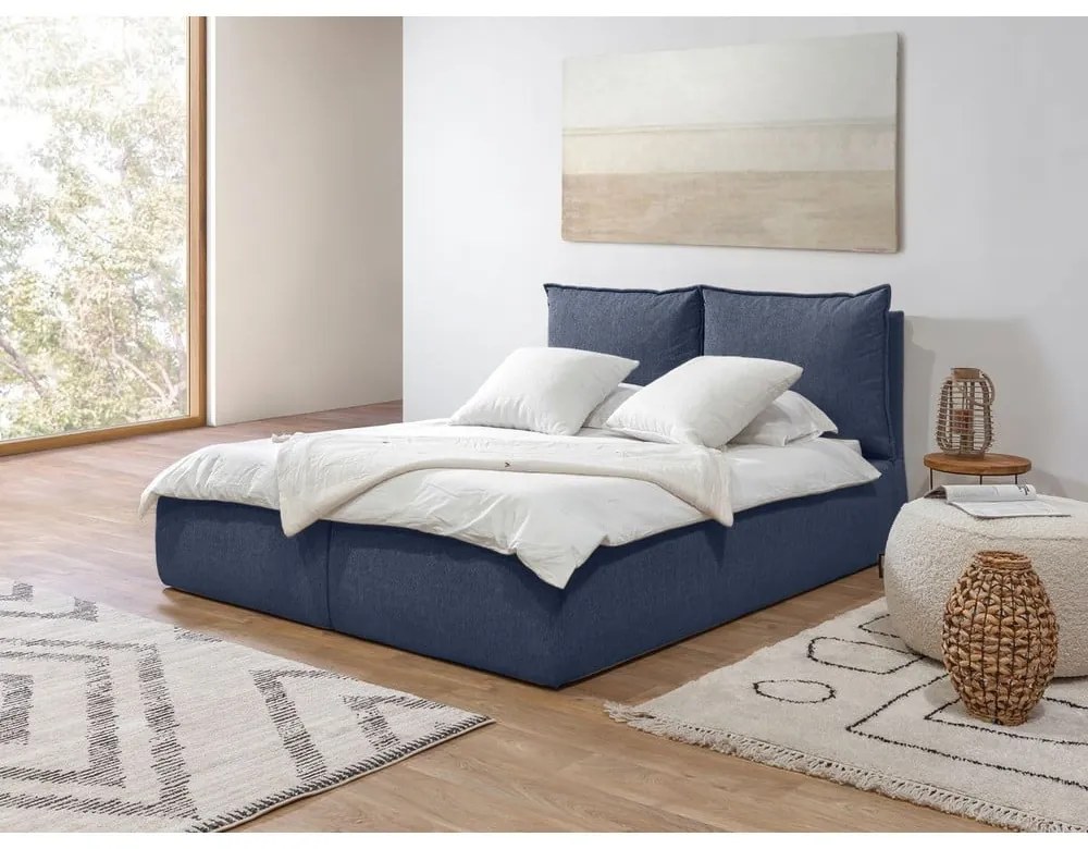 Tmavomodrá čalúnená dvojlôžková posteľ s úložným priestorom a roštom 160x200 cm Garancia – Bobochic Paris