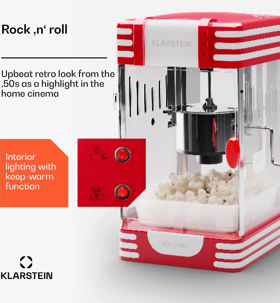 Klarstein Volcano, popkornovač, 300 W, 60 g/4 min, hrniec z nehrdzavejúcej ocele, retro dizajn