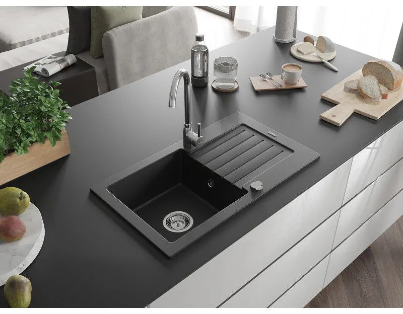 Mexen Pablo, 1-komorový granitový drez s odkvapkávačom 75x44 cm a kuchynskou batériou Telma, čierna, 6510-77-670200-00