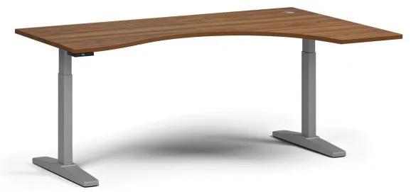 Výškovo nastaviteľný stôl, elektrický, 675-1325 mm, ergonomický pravý, doska 1800x1200 mm, sivá podnož, orech