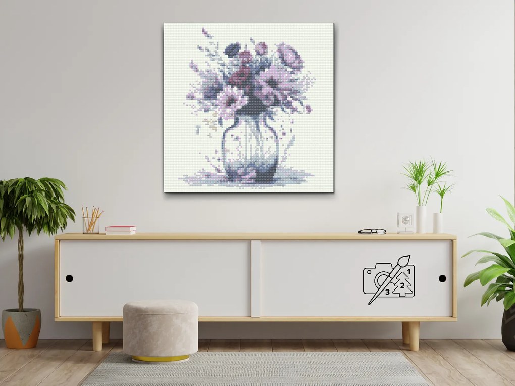 Gario Diamantové maľovanie Fialové kvety v sklenenej váze Rozmery: 50 x 50 cm, Rámovanie: Iba zrolované plátno, Diamanty: Štvorcové