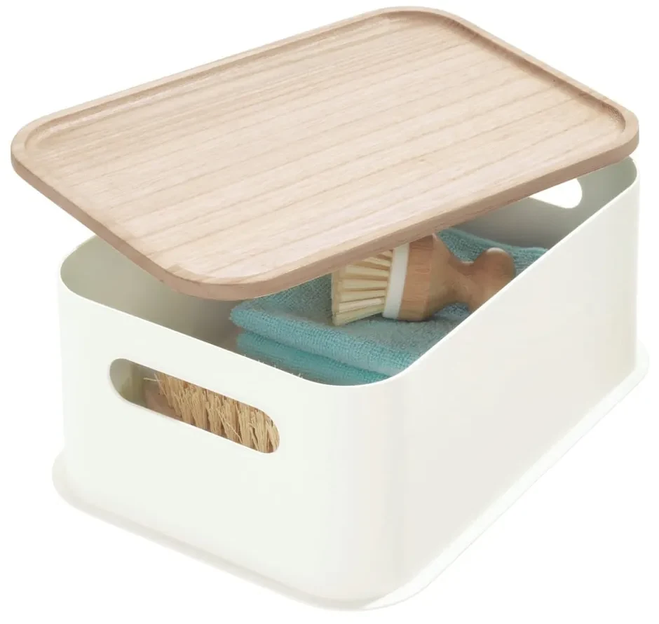 Biely úložný box s vekom z dreva paulownia iDesign Eco Handled, 21,3 x 30,2 cm