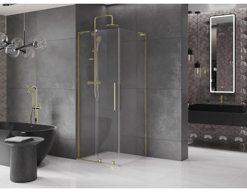 Mexen Velar L, sprchový kút s posuvnými dverami 120 x 120 cm, 8mm číre sklo, zlatá lesklá, 871-120-120-03-50
