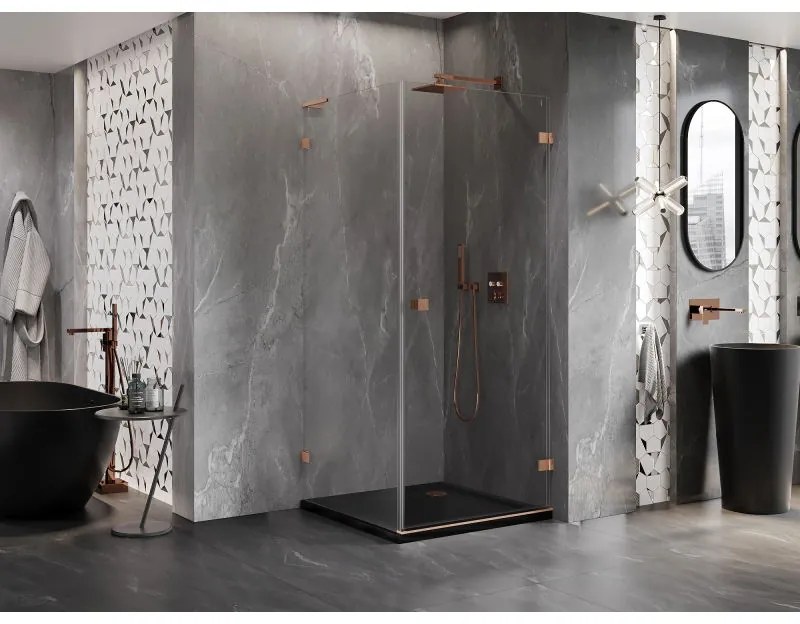 Mexen Lunar-B L výklopný sprchový kút pravý 80 x 80 cm, číre sklo, medená matná, 832L-080-080-65-00-P