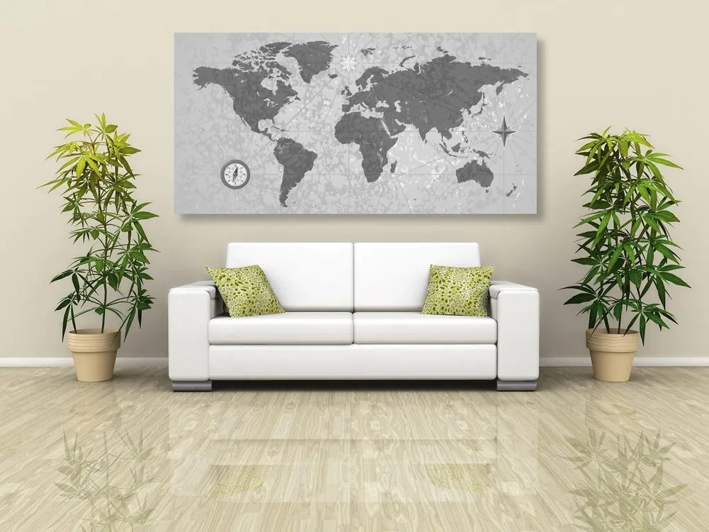 Obraz mapa sveta s kompasom v retro štýle v čiernobielom prevedení