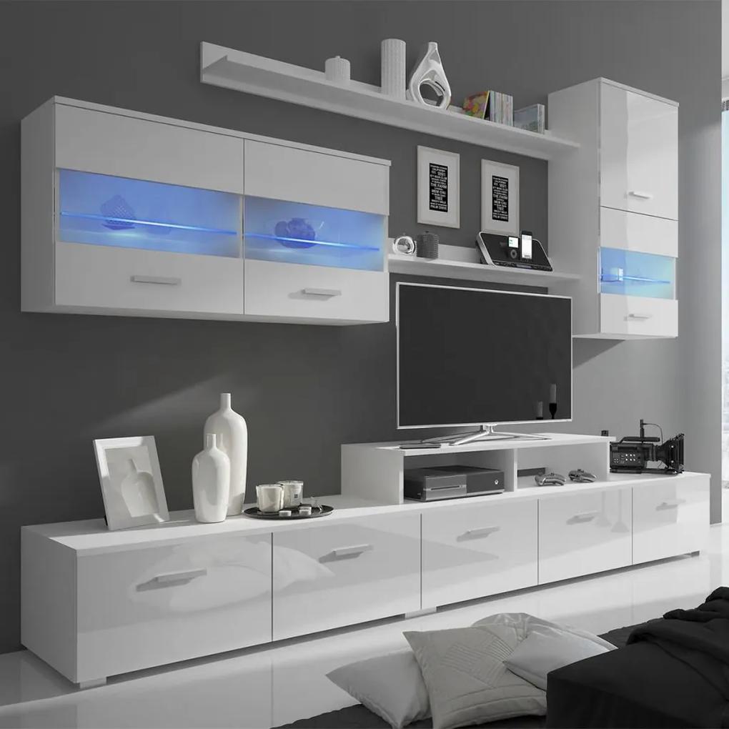 vidaXL Televízna 7-dielna obývacia zostava nábytku s LED osvetlením, 250 cm, vysoko-lesklá biela