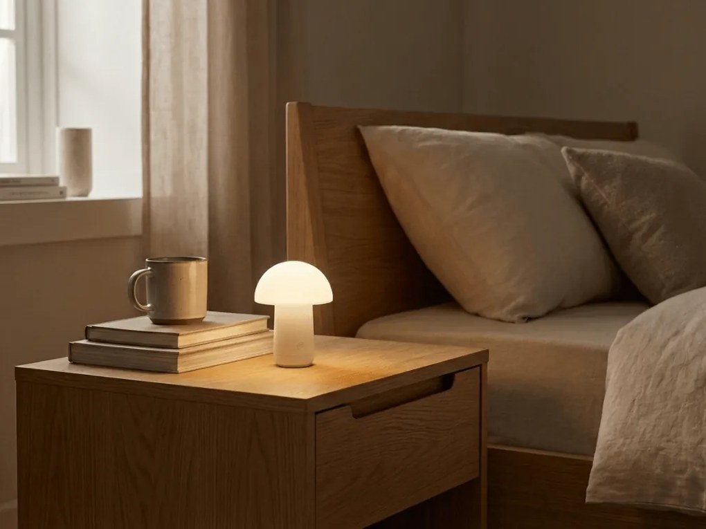 LED stolná lampa FUNGHI 11,2 cm, biela