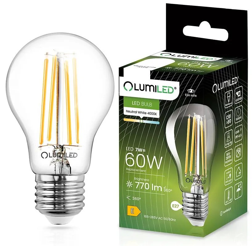 Žiarovka LED A60 FIL CL 7W 60W E27 806LM 4000K