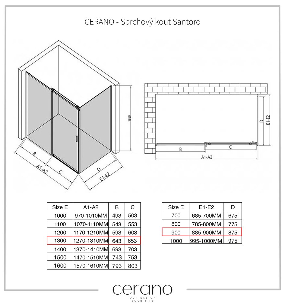 CERANO - Sprchovací kút Santoro Ľ/P - 8 mm - chróm, transparentné sklo - 130x90 cm - posuvný, CER-CER-8050BD7360
