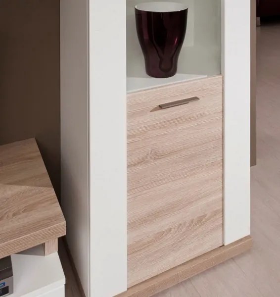 Vysoká vitrína Caracas typ 02, dub / biely lesk, s osvetlením