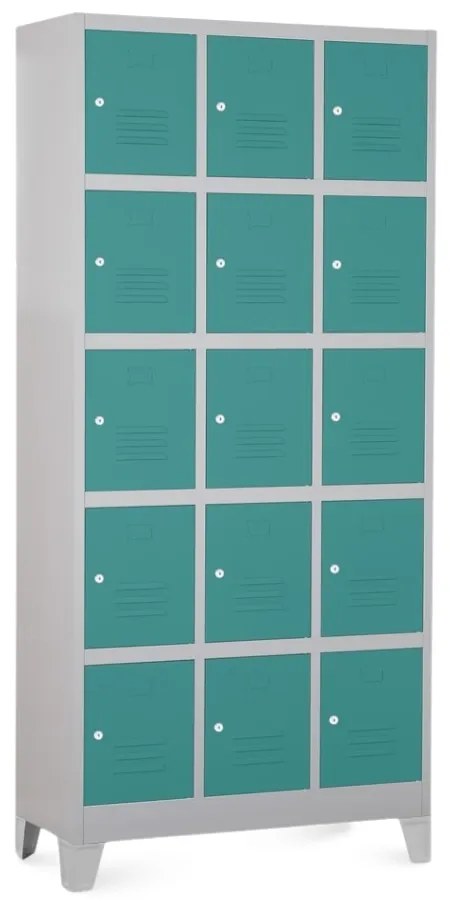 Kovová šatníková skrinka - 15 boxov, 90 x 40 x 195 cm, pevné nohy, cylindrický zámok, zelená - ral 6033