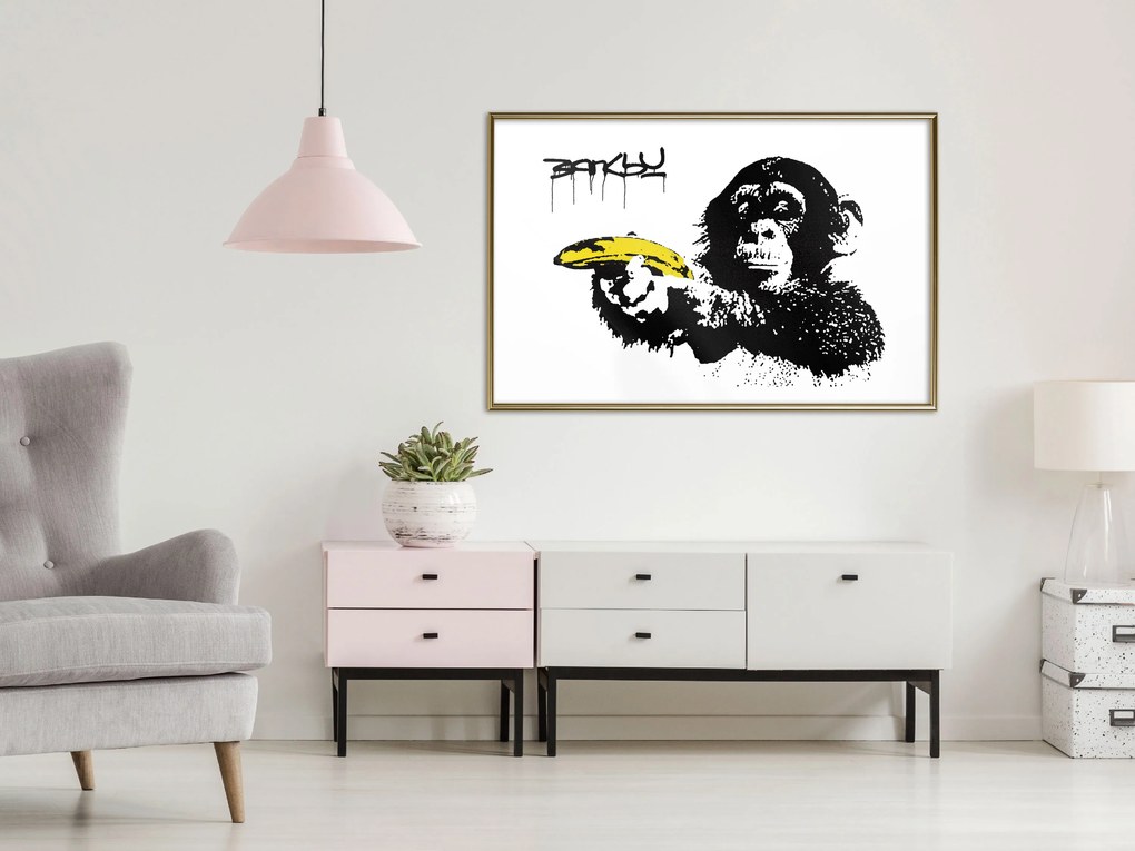 Artgeist Plagát - Banksy: Monkey with Banana [Poster] Veľkosť: 45x30, Verzia: Zlatý rám s passe-partout