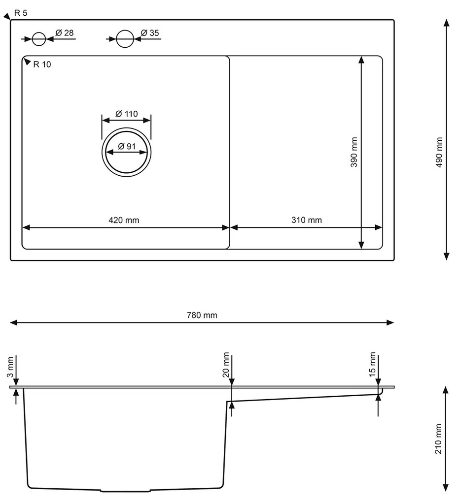 Erga HD, 1-komorový oceľový drez 780x490x210 mm, ľavý, zlatá, ERG-MLS-HD7849LG