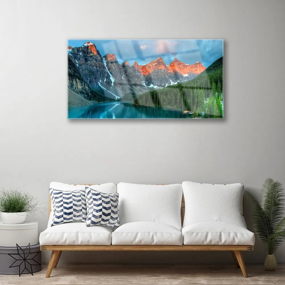 Skleneny obraz Hora les jazero príroda 120x60 cm