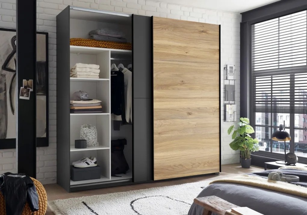 Šatníková skriňa Melton, 215 cm, grafit/dub mauvella