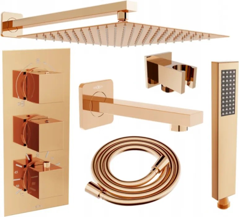 Mexen Cube DR02 vaňovo-sprchová podomietková súprava s dažďovými tryskami 25 cm, zlatoružová - 77503DR0225-60
