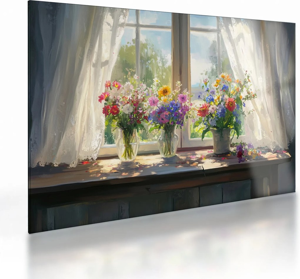 Sklenený obraz - Kytica pri okne (70x50 cm)