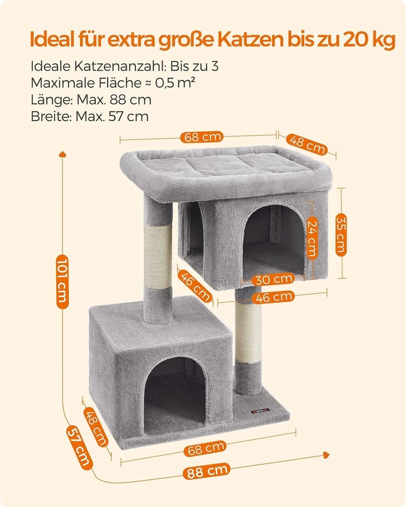 Mačací hrad Feandrea XL (101 cm), s 2 jaskyňami a vyhliadkovou plošinou, do 20 kg, svetlošedá